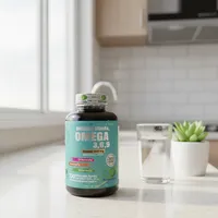 Omega 3, 6 y 9 en cápsulas en la cocina de una casa, junto a un vaso de agua