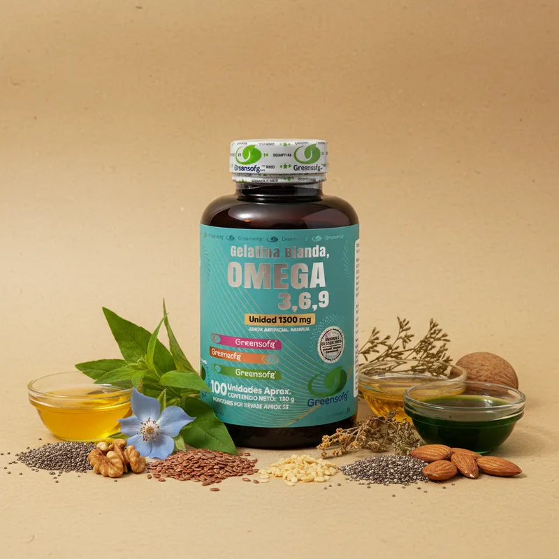 Omega 3, 6 y 9 en cápsulas con sus ingredientes naturales alrededor