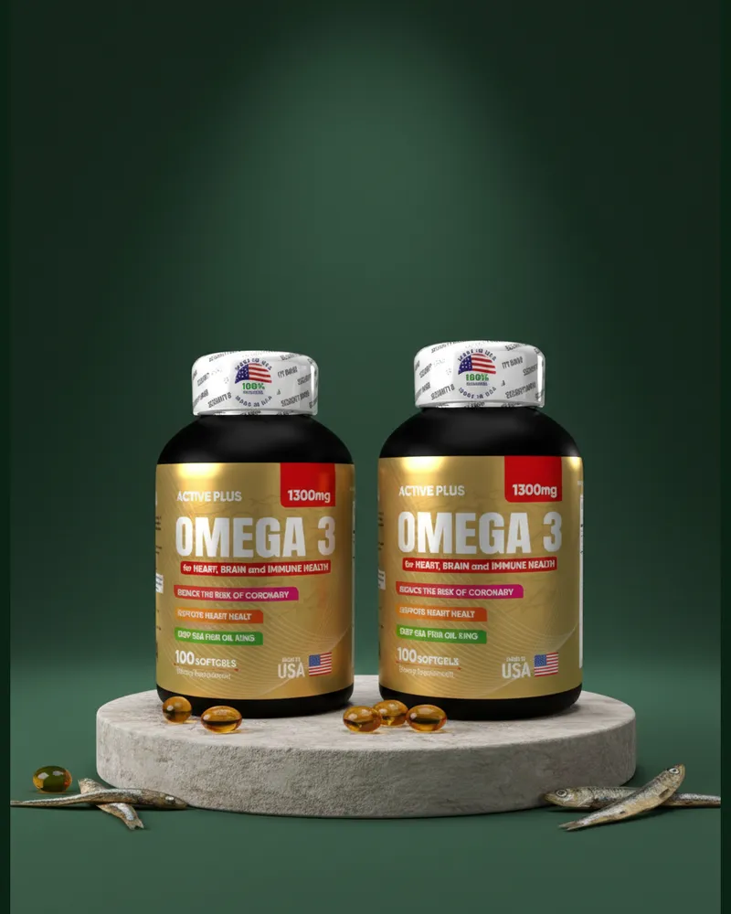 Omega 3 en cápsulas sobre una piedra en un estudio verde, con sus ingredientes
