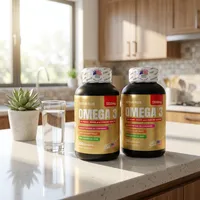 Omega 3 en cápsulas en la cocina de una casa, junto a un vaso de agua