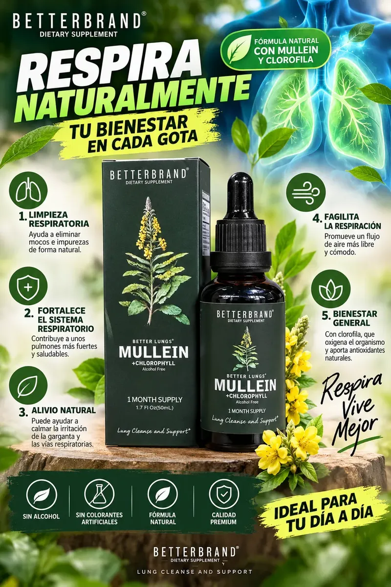 Póster del fabricante: «Respira naturalmente», la caja y el frasco de Better Lungs y sus 5 beneficios: limpieza respiratoria, fortalece el sistema respiratorio, alivio natural, facilita la respiración y bienestar general