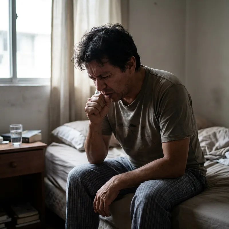 Hombre sentado en la cama tosiendo por la mañana