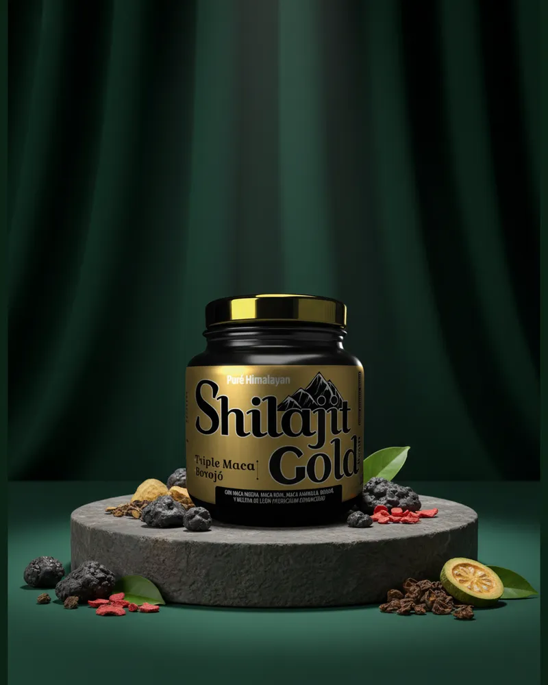 Resina de shilajit con maca sobre una piedra en un estudio verde, con sus ingredientes