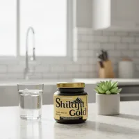 Resina de shilajit con maca en la cocina de una casa, junto a un vaso de agua