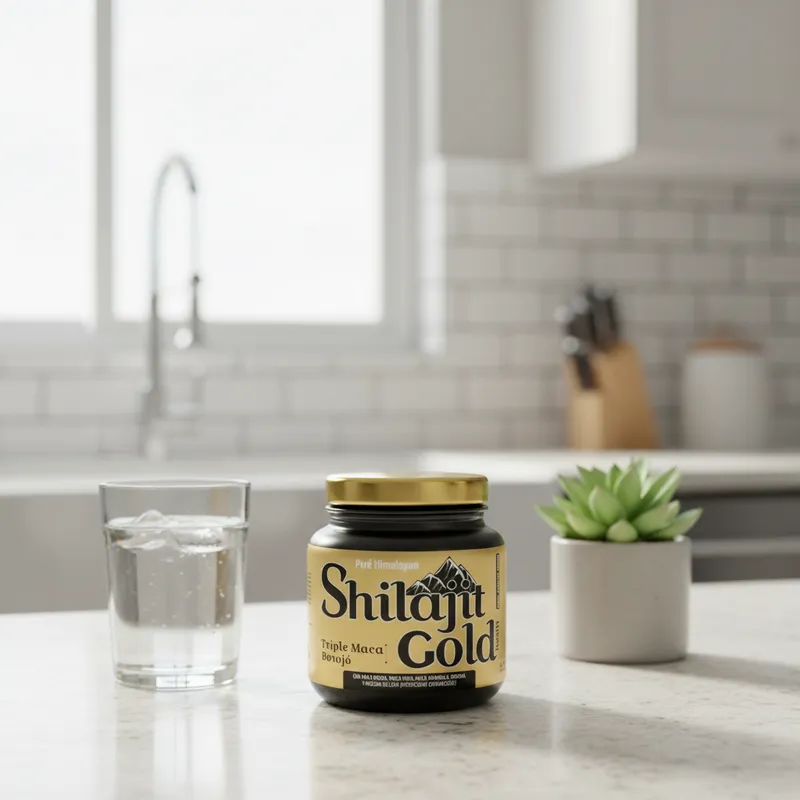 Resina de shilajit con maca en la cocina de una casa, junto a un vaso de agua