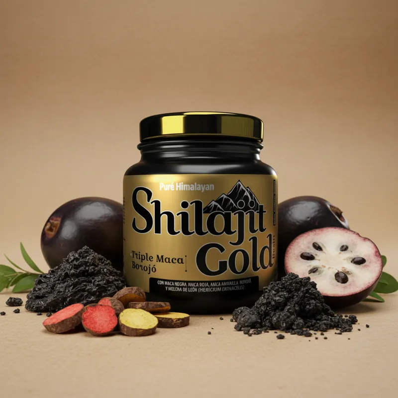 Resina de shilajit con maca con sus ingredientes naturales alrededor