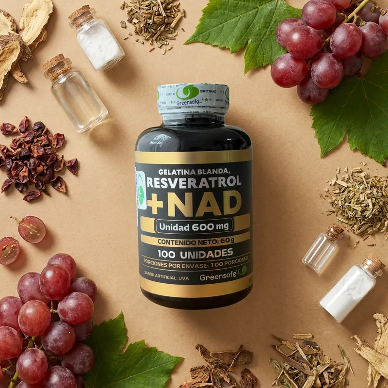 Resveratrol y NAD en cápsulas con sus ingredientes naturales alrededor