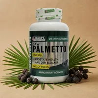 Saw palmetto en cápsulas con sus ingredientes naturales alrededor
