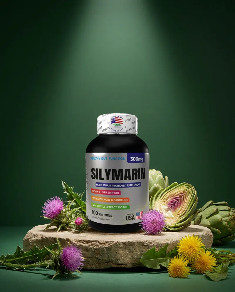Silimarina en cápsulas sobre una piedra en un estudio verde, con sus ingredientes