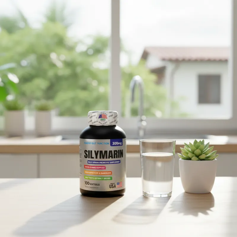 Silimarina en cápsulas en la cocina de una casa, junto a un vaso de agua