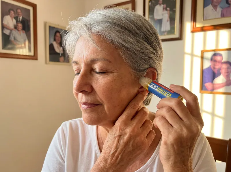 Señora pasándose el roll-on Vertigo Ease detrás de la oreja en la sala de su casa
