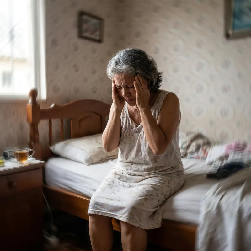 Mujer sentada en el borde de la cama agarrándose la cabeza porque todo le da vueltas