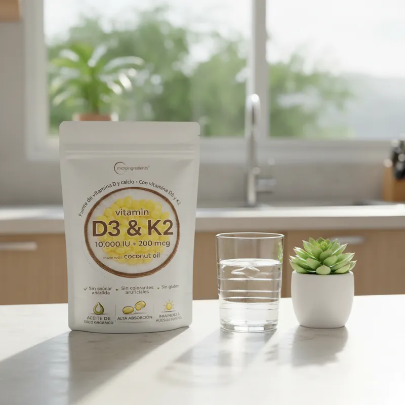 Vitamina D3 y K2 en cápsulas en la cocina de una casa, junto a un vaso de agua