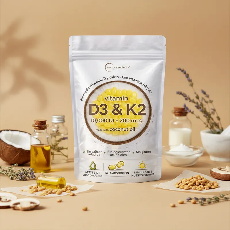 Vitamina D3 y K2 en cápsulas con sus ingredientes naturales alrededor