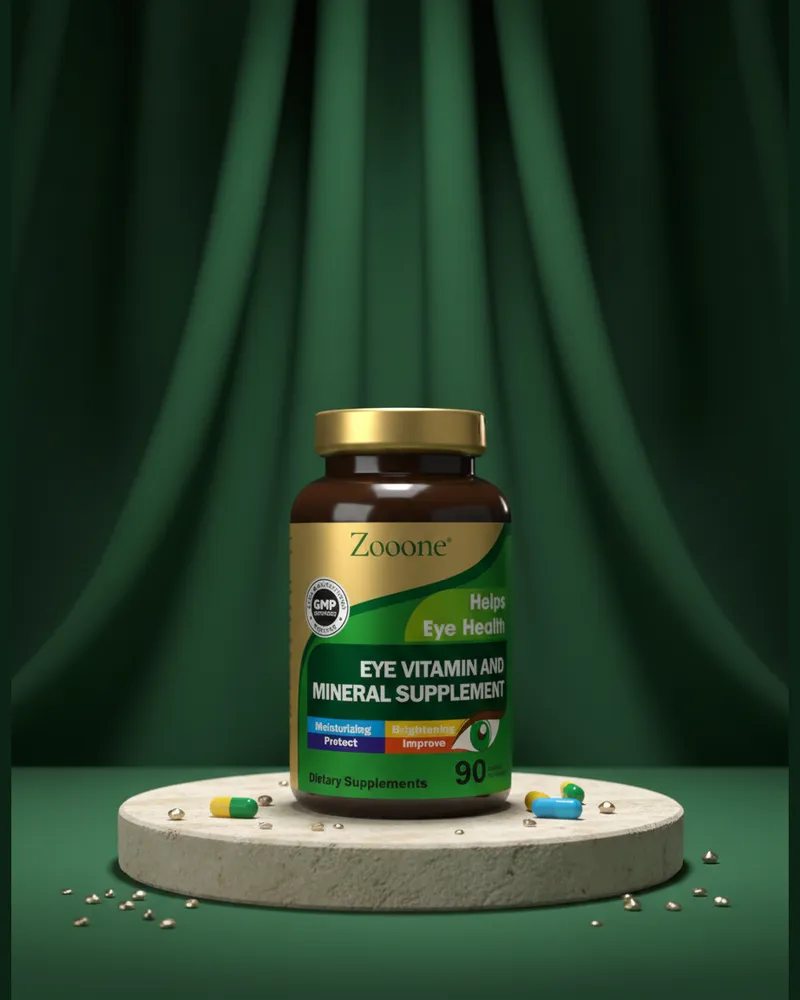 Vitaminas para los ojos sobre una piedra en un estudio verde, con sus ingredientes